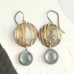 Handcrafted Silver + Gold Earrings Bezel Set High Quality LABRADORITE Gemstone - Picture 1 of 6