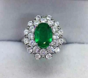 3.20 Ct Real Emerald & Lab Created Diamond Engagement Ring 925 Sterling Silver - Picture 1 of 12