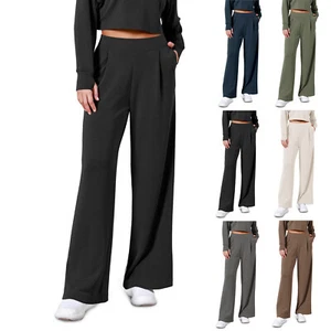 Women Wide Leg High Waist Pants Straight Long Work Business Trousers with Pocket - Picture 1 of 42
