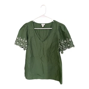 J.Crew Green Blouse Size Small Womens Embroidered Floral Scalloped Sleeves - Picture 1 of 8