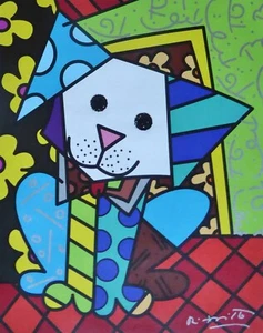 ROMERO BRITTO Super cute Dog COCO 2021 HAND SIGNED embellished on Canvas - Picture 1 of 4