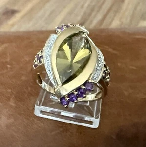 Vintage 10K Yellow Gold Peridot, Amethyst & Diamond Accent Cocktail Ring Size 10 - Picture 1 of 19