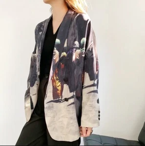 Ladies Black Abstract Designer Edgy Urban Street Fitted Blazer Jacket Coat 10 - Picture 1 of 19