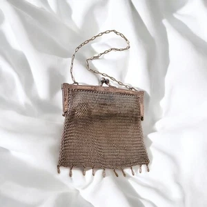 Antique Mesh Purse German Silver Chain Handle Dangling Tassel Original Lining - Picture 1 of 6