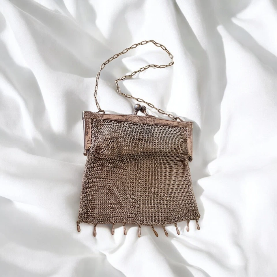 Antique Mesh Purse German Silver Chain Handle Dangling Tassel Original Lining - Image 1 of 4