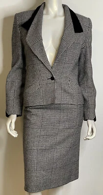 Louis Feraud Blanco y Negro Pata de Gallo Lana y Terciopelo Falda Traje 36 EE. UU. 6 Chaqueta Foto 1 de 4