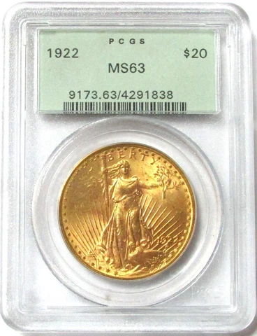 1922 GOLD $20 ST GAUDENS GREEN LABEL PCGS MINT STATE 63 Cover