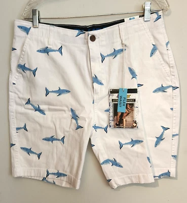 Shorts masculinos Plugg Clothing tamanho 33 frente plana cintura flexível branco azul tubarões novo p6 - Imagem 1 de 4