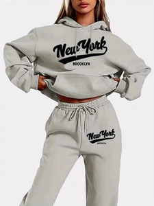 Women’s Tracksuit Set Hoodie & Joggers New York Brooklyn Print Casual Co-Ord - Picture 1 of 12