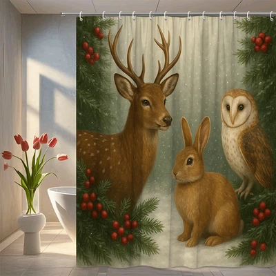 Cortina de Ducha de Navidad con Diseño de Ciervo, Conejo y Búho Foto 1 de 4