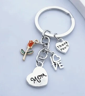 Pretty Silver Mum Keyring With 4 Charms. A Rose, Heart, Love & Thank You. BNIB - Image 1 of 2