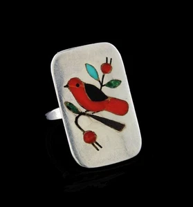 Old Pawn Zuni Native American Sterling Silver Inlaid Stone Bird Ring 8.25 8.3g - Picture 1 of 8