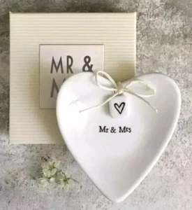 White Porcelain Ring Dish -  Mr & Mrs Heart Shaped Wedding Gift - East Of India - Picture 1 of 2