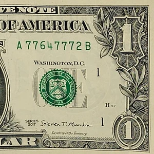 Billete de un dólar número de serie elegante de cinco de una clase de 7 años A77647772B par de viaje de CC 7s - Imagen 1 de 8