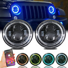 2X 7" 60W Bluetooth Controlled round RGB Halo Ring LED Headlights Compatible wit