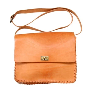 80s vintage genuine tan leather shoulder bag crossbody handbag purse handmade - Picture 1 of 9