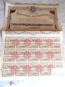 Vintage share certificate Stock Bonds action de Societe Petroles de sambor 1921 - Picture 1 of 3