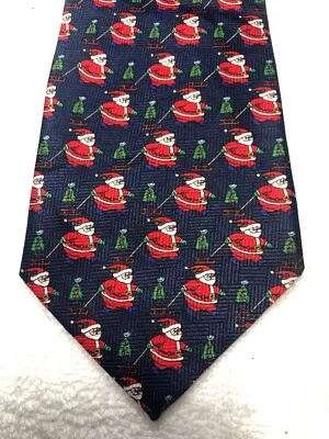 ADDICTION MENS TIE NAVY BLUE WITH SANTA AND CHRISTMAS TREES 4 X 59 - Image 1 of 4