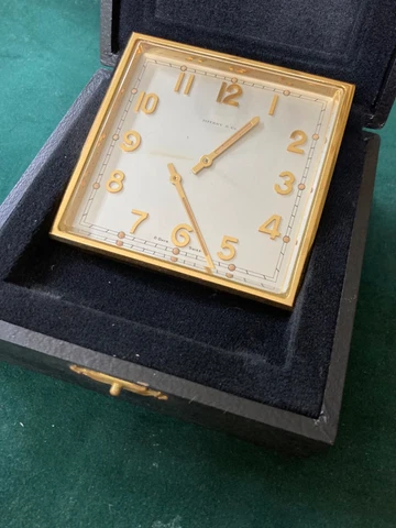 Vtg. Tiffany Brass Folding Desk Clock-Concord 15j mvt/runs - w/Box -for repair Cover