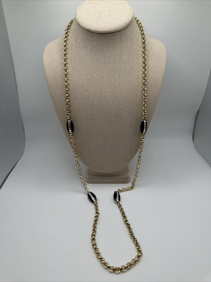 Heidi Daus Long Gold Tone Black Enamel Clear Crystal Chain Necklace - Image 1 of 4