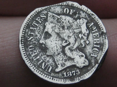 1873 Three 3 Cent Nickel- Open 3, VG/Fine Details, Clipped Planchet Cover