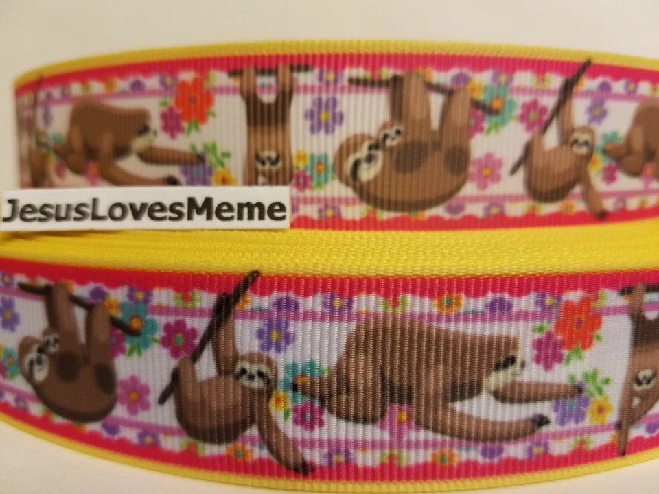 Grosgrain Ribbon Sloths Wild Animals Purple Flowers Cute Pets Slow Moving 1" - Image 1 of 1