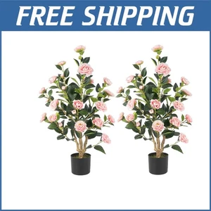 36” Faux Camellia Tree 2 Pack with Vivid Pink Flowers for Indoor Outdoor Decor - Picture 1 of 10