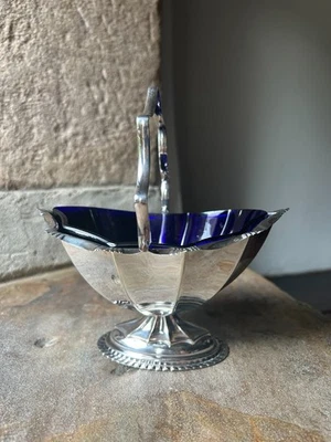 Vintage EPNS Silver Plated Sugar / Jam Basket with Cobalt Blue Glass Liner - Image 1 of 4