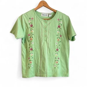 Shenanigans Kurzarmshirt Damen S Vintage 90er grün Blumen bestickt - Bild 1 von 3