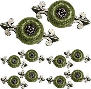 10Pcs Ceramic Knobs Green Dresser Knobs with Pattern, Vintage Cabinet Knobs with - Picture 1 of 12