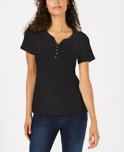 Karen Scott Womens Size Small Short Sleeve Cotton Henley Top in Deep Black 1408 - Picture 1 of 7