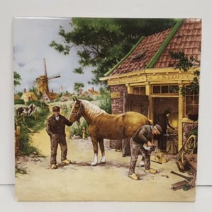 Royal Mosa Holland Keramikfliese Schmied & Zugpferd mit Windmühle im Rücken - Bild 1 von 2
