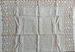 Vintage Embroidered beige Tablecloth Lace Hems 80 cm square - Picture 1 of 7
