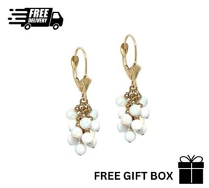 14k Yellow Gold Dangle White Opal Grape Leverback Earrings - Picture 1 of 3