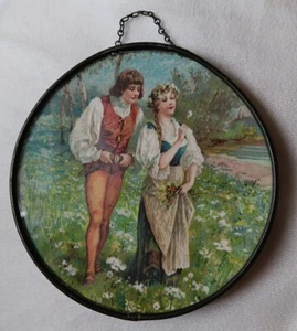 Vintage Lovers From Long Ago Print Small Round Metal Hanging Frame Man & Woman - Picture 1 of 5