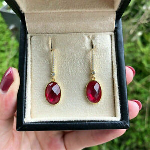 4.20Ct Oval Cut Red Ruby Diamond Drop /Dangle Earrings 14K Yellow Gold Finish