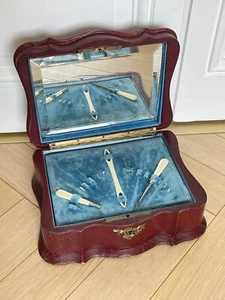 Ancien Grand Coffret / Boite à ouvrage Velours Bleu & verre Boite à bijoux XIXe - Foto 1 di 10