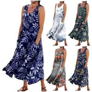 Women's Summer Casual Fashion Printed Sleeveless Round Neck Pocket Dress - Picture 1 of 27