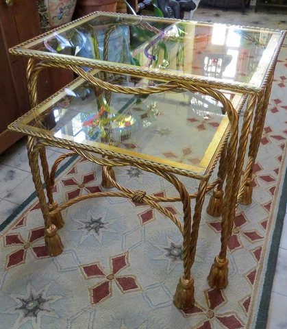 2 Vtg. Solid wrought iron Tassel Rope Hollywood Regency Stacking Nesting Tables Cover