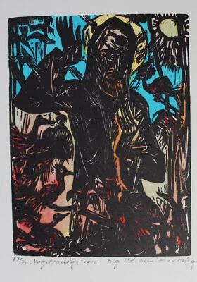 WALTER HELBIG - Vogelpredigt (67/ 70). Handsignierter + -kolorierter Holzschnitt - Bild 1 von 4