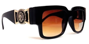 HYPE BLACK GOLD SQUARE LION HEAD COIN BUCKLE SUNGLASSES BROWN LENS RETRO RAP VTG - Picture 1 of 3