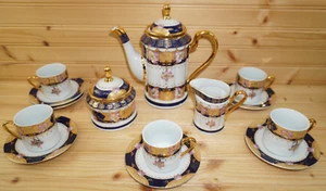 Coffee Tea Set Cobalt Gold Pink Demitasse Pot Creamer Sugar 5 Cup & Saucer (S1) - Picture 1 of 20