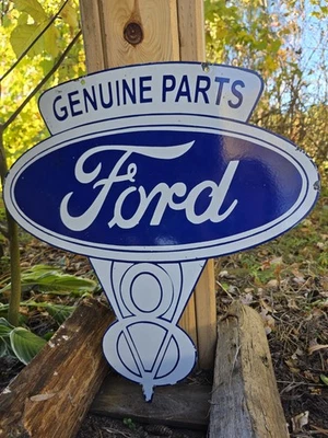 VINTAGE DOUBLE SIDED FORD GENUINE PARTS PORCELAIN SIGN 22"x23" - Image 1 of 4