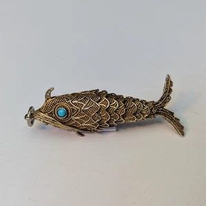 Vintage Filigree Fish Pendant - Sterling Silver Gold Wash Turquoise Gem Eye - Picture 1 of 11