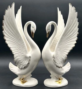 Vintage Swan Figure Pair MCM Art Deco Pottery Rhinestone Eyes Gold Highlights - Picture 1 of 16