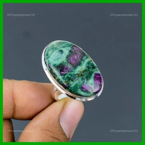 925 Sterling Silver Oval Natural Ruby Fuchsite Engagement Bezel Promise New Ring - Picture 1 of 11