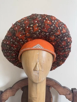 VTG Styled By Jack McConnell Orange Feather Hat Red Feather One Of A Kind Unique - Image 1 of 4