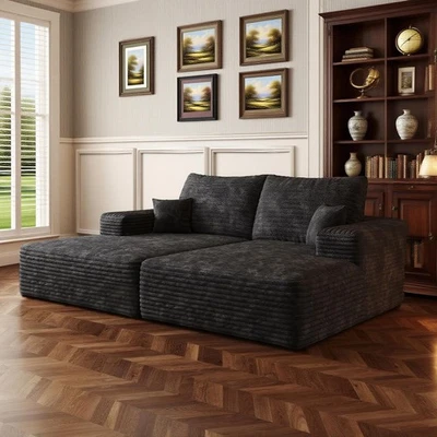 74.8" Black Chaise Lounge Chair Indoor Oversized Double Boneless Corduroy Couch - Image 1 of 4