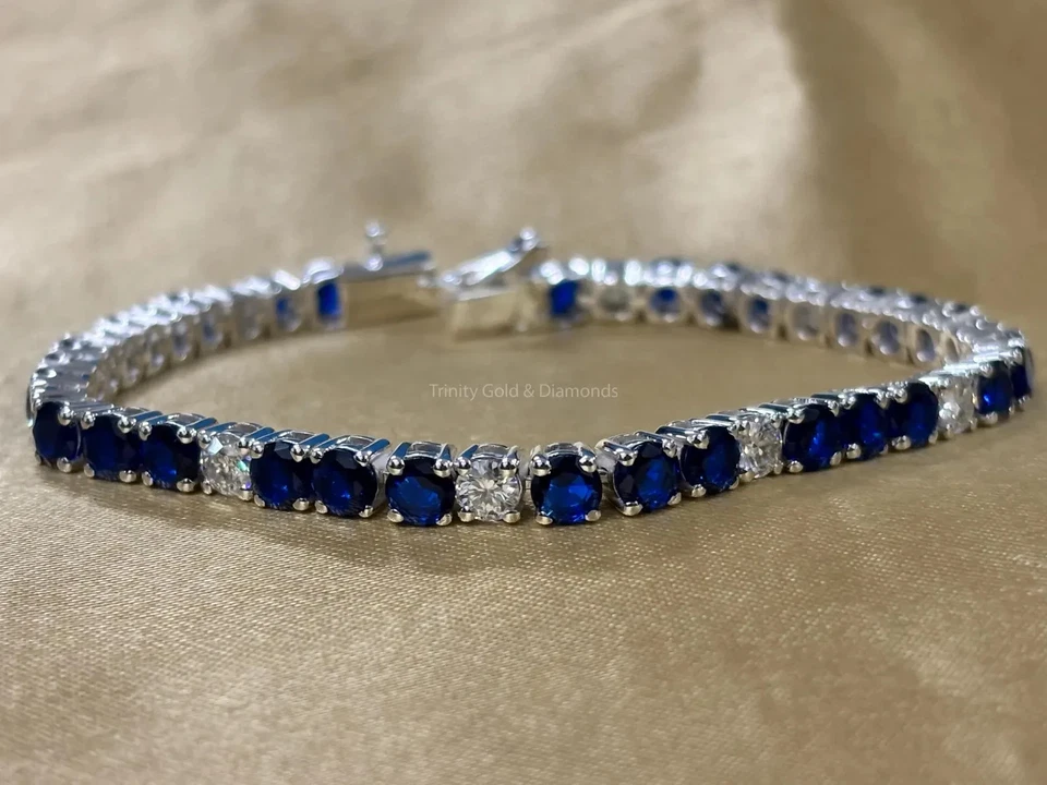 Brazalete tenis diamante zafiro natural redondo de 12,00 quilates oro blanco de 14 quilates 7 pulgadas Foto 1 de 4