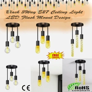 3 Way Flush Mount Ceiling Light Black Modern E27 LED Bulb Fitting Lamps Indoor - Picture 1 of 18